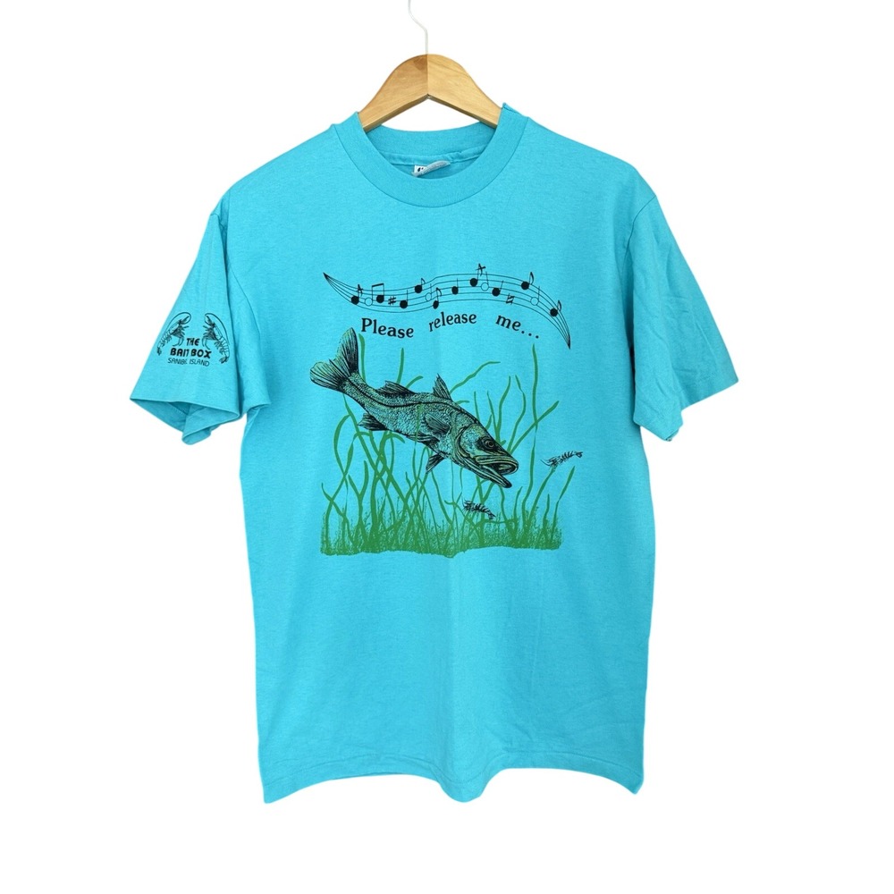 Hanes T-Shirt Mens L Blue Vintage Sanibel Island The Bait Box Snook‎ Fish USA